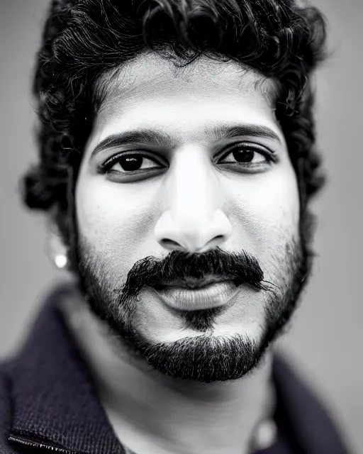 Image similar to A portrait of Dulquer Salmaan, highly detailed, trending on artstation, bokeh, 90mm, f/1.4