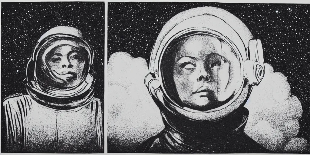 Image similar to etching portrait of a woman wearing a space helmet, scifi, big clouds visible in the background, stars in the sky, high contrast, deep black tones