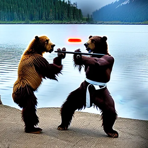 Prompt: kodiak bears kung - fu fighting with lightsabers on a lakefront, dusk,