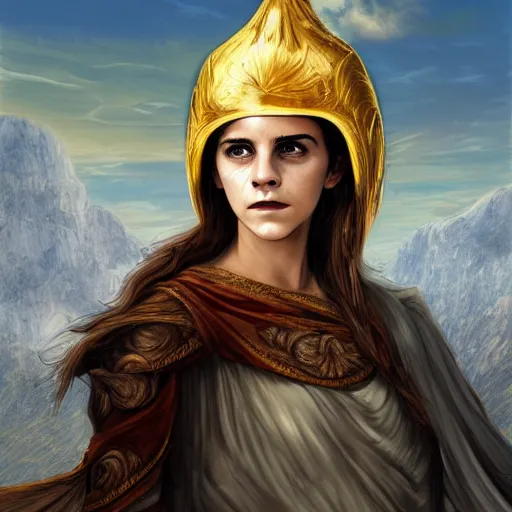 Prompt: Emma Watson as ancient greek woman in golden helmet standing on giant grey-haired bearded male face in the sky, epic fantasy style art, fantasy epic digital art