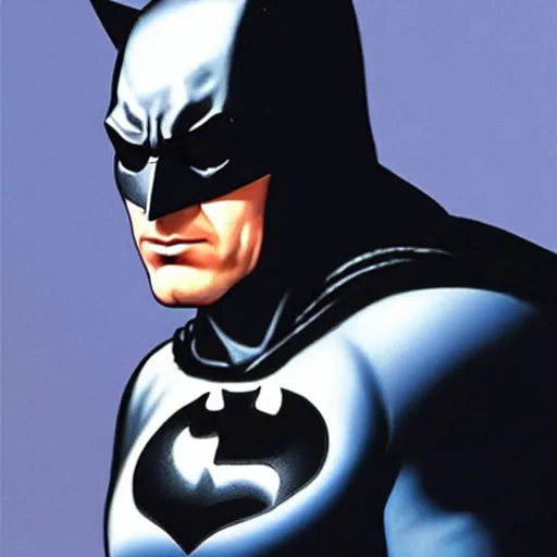 Image similar to an ultra - realistic head and shoulders portrait painting of batman with his cowl on in the style of alex ross. 4 k. ultra - realistic. highly detailed. dark fantasy. epic lighting.