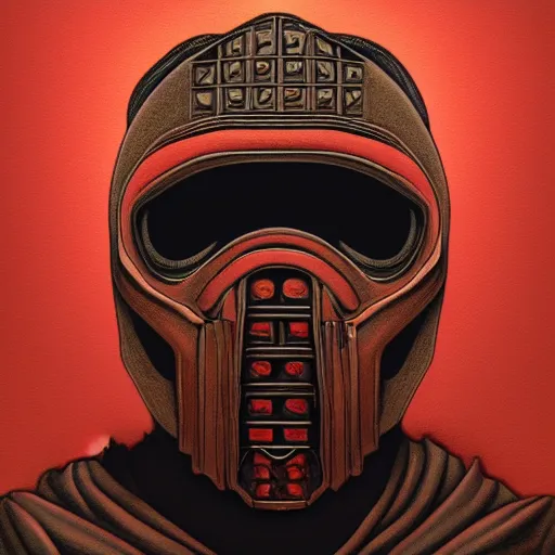 Image similar to portrait of mf doom, dr. doom metal steel mask, dark skin underneath. red t - shirt, beige complex background, intricate, elegant, highly detailed, digital painting, artstation, concept art, smooth, sharp focus, illustration, by anato finnstark, boissb - blanca. j, cindy avelino, clint cearley, anna podedworna