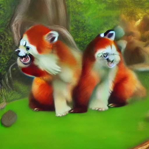 Prompt: very cute friendly happy high energy red pandas at a garden party playing croquet, artwork by mark brooks, digital art, 8K, 4K