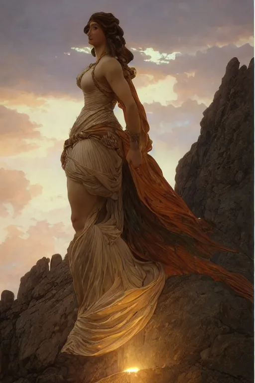 Image similar to an ultradetailed colossal magnificent mountain sized sculpture of an elegant woman, fine detail, sunrise on the horizon in the background, stone hand raised up, 8 k, art by greg rutkowski and alphonse mucha and andreas rocha and albert bierstadt