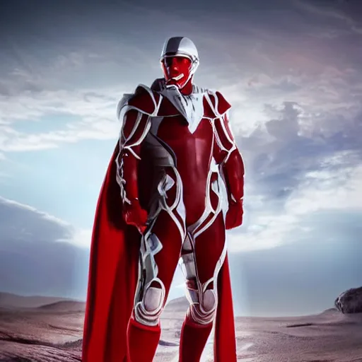 Image similar to portrait of a tall muscular infantry man in glossy sleek white armor with a few red details and a long red cape, heroic posture, deermined expression, on the surface of mars, night time, dramatic lighting, cinematic, sci-fi, hyperrealistic, movie still