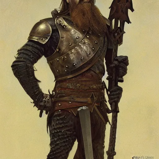 Prompt: rough-skinned, short-bearded undead Viking warrior with ice-pale skin wearing brutalist plate armor with art deco knotwork, by Greg Rutkowski, Brom, and Alphonse Mucha