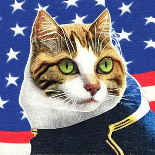 Image similar to cat as american captain, realistic, by marvel