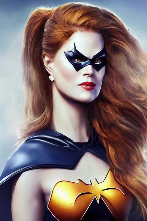 Prompt: portrait of a mix of beautiful young maria shriver, mariel hemmingway, brooke shields, nicole kidman and elle macpherson as batgirl, thin lips, hair tied up in a pony tail, colorful artstation, cgsociety