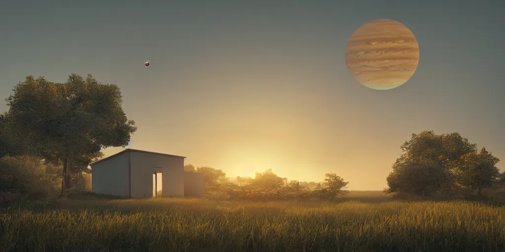 Image similar to a serene landscape with a singular building at sunrise with a giant jupiter appearing in the sky, digital art, concept art, octane render, unreal engine 5, hyperrealistic, highly detailed, high quality, 4K, low contrast, soft lighting, path tracing, complementary colors, natural lighting, geometric