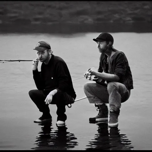 Prompt: damon albarn and thom yorke going fishing, photograph, film photography, soft lighting, 8 k