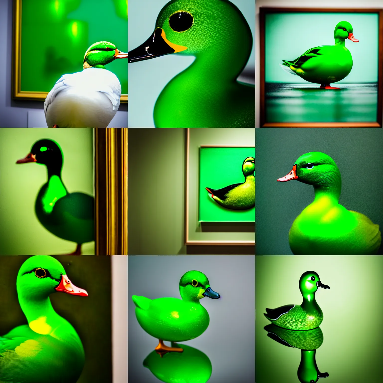 Prompt: a close up photo of a [ transparent green glass duck in front of a painting ] ( green ), professional photography, sigma 8 5 mm f / 8