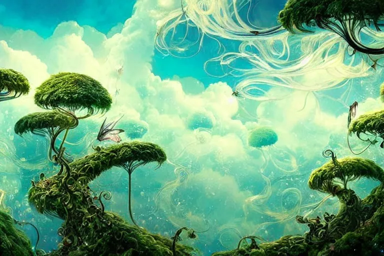 Prompt: a huge flock of many smooth puffy filigreed clouds tangled into whirling ultra detailed crystal specimens, art nouveau jungle environment, playful, award winning art, epic dreamlike fantasy landscape, ultra realistic,