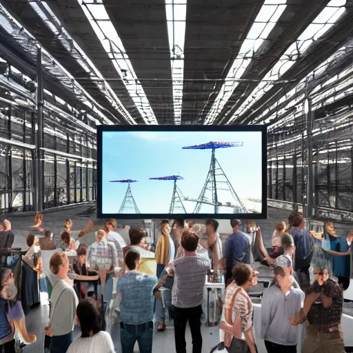 Prompt: crane shot of large group people in open warehouse, looking at hologram of futuristic city on a table, cinematic still, godrays, golden hour, natural sunlight, 4 k, clear details, tabletop model buildings, tabletop model, ethereal hologram center, crane shot, crane shot, rule of thirds, people, people