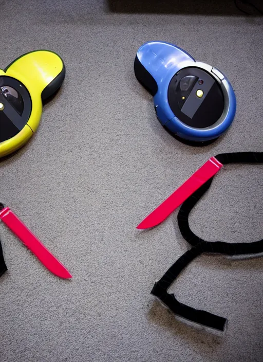 Prompt: two roombas with knives duct taped to their tops fighting to the death