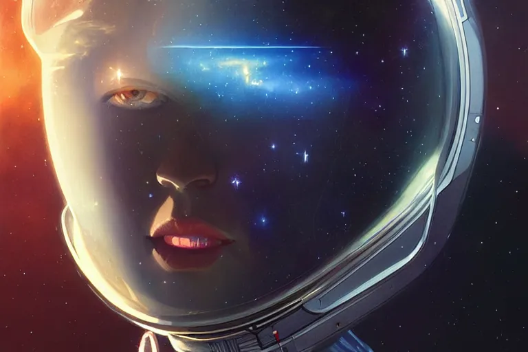 Image similar to Portrait of a Futuristic reflective spacesuit visor mirror spacesuit reflecting a nebula supernova in space, portrait, elegant, intricate, digital painting, artstation, concept art, smooth, sharp focus, illustration, art by artgerm and greg rutkowski and alphonse mucha