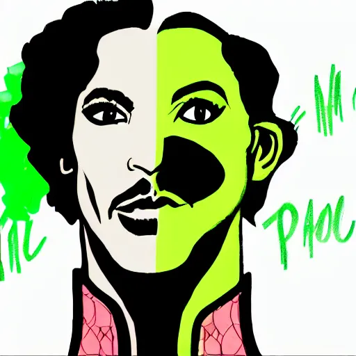 Image similar to an illustration of prince as two face. half his face is white with green hair.