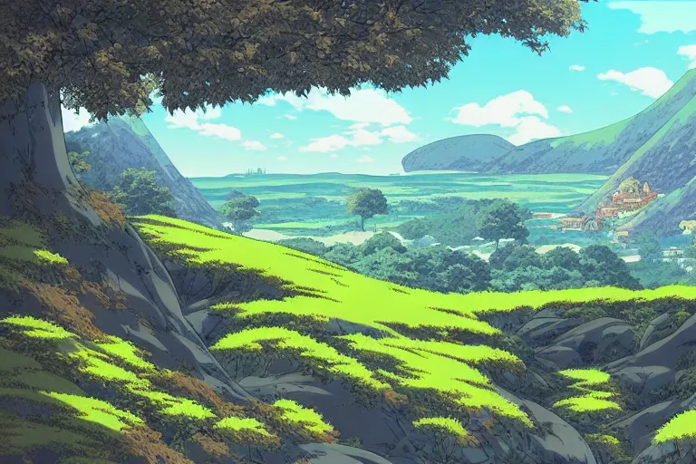 Image similar to beautiful landscape scenery by miyazaki, anime poster, cel shaded