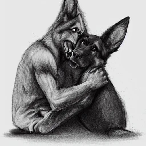 Image similar to two humanoid german shepherds beast - men, sitting on a couch and hugging together, artstation, concept art, smooth, sharp foccus ilustration, artstation