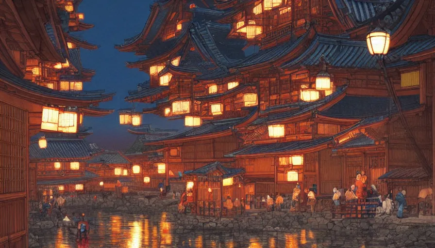 Image similar to edo era city festival near sea at night, beautiful lit lamps, 8 k highly detailed art, intricate, stanley lau, artgerm, artstation, smooth, far sho