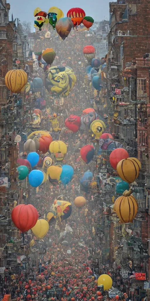 Image similar to a vintage thanksgiving day parade with huge balloons by alexander jansson and where's waldo