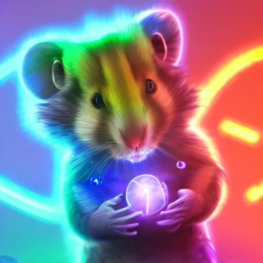 Image similar to cyberpunk hamster! holding rainbow! gem! crystal, neon lights, light reflection, logo, 8 k, hd