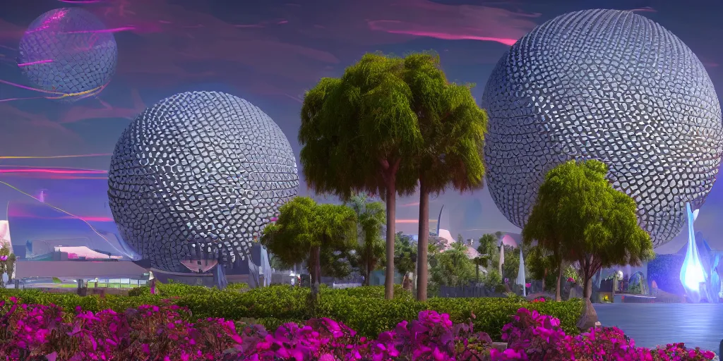 Image similar to epcot center, viewed from a distance, 4 k digital art, volumetric lighting, trending on artstation, high quality,