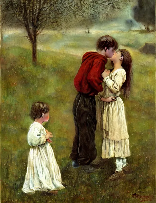 Prompt: peasant boy and girl first kiss, on a village, Cinematic focus, Polaroid photo, vintage, neutral colors, soft lights, foggy, by Steve Hanks, by Serov Valentin, by lisa yuskavage, by Andrei Tarkovsky 8k render, detailed, oil on canvas