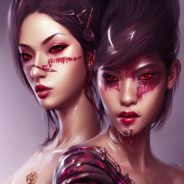 Image similar to oriental fantasy fashion girl portrait, flirtatious eyes, grin, cyberpunk, glossy eyes, face, short hair, fantasy, intricate, androgynous, highly detailed, digital painting, artstation, concept art, smooth, sharp focus, illustration