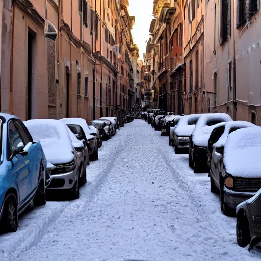 Image similar to The city of Rome under the snow on August. It's snowing everywhere on the entire cityscape of Rome under a blue sky and a very hot sun. It's crazy hot.