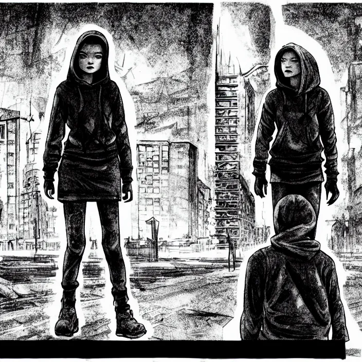 Prompt: storyboard : sadie sink in hoodie sitting on a bench in ruined square, pedestrians walk by, soviet monument and propaganda posters. scifi cyberpunk. by gabriel hardman. cinematic atmosphere, detailed and intricate, perfect anatomy