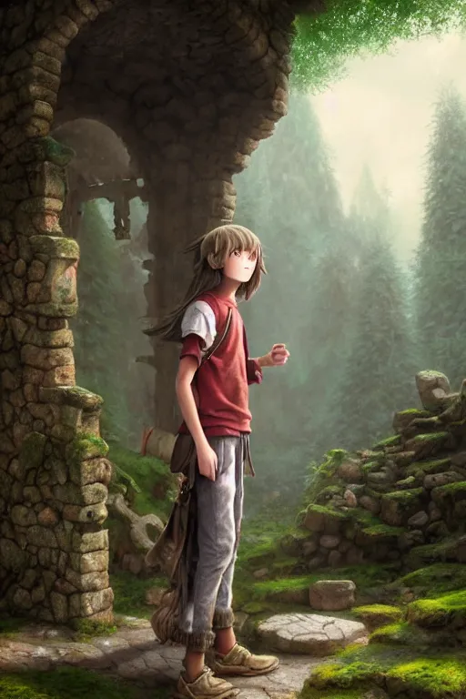 Image similar to a highly detailed matte painting of a teenager with shaggy hair and hip clothes standing in front of a stone gate in the elven forest ruins, by studio ghibli, by artgerm, by wlop, by greg rutkowski, red tones, volumetric lighting, octane render, 4 k resolution, trending on artstation, masterpiece