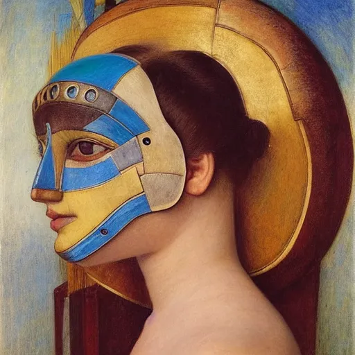 Prompt: a beautiful young android girl wearing a bird mask, by annie swynnerton and diego rivera and elihu vedder, symbolist, dramatic lighting, elaborate geometric ornament, head and shoulders view, art brut, soft cool colors, smooth, sharp focus, extremely detailed, adolf wolfli, donato giancola