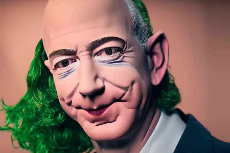 Image similar to jeff bezos in joker (2019), cinematic lighting, extremely detailed, green wig
