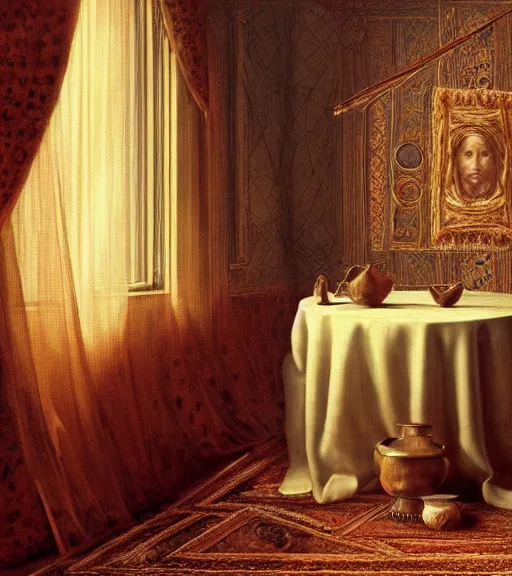 Prompt: portrait of a beautiful room with a tapestry on the wall, as well as a book upon a table with heightened detail, detailed facial expression, detailed surroundings, elegant, highly detailed, centered, digital painting, artstation, concept art, smooth, sharp focus, illustration, by ( leonardo da vinci ), wlop