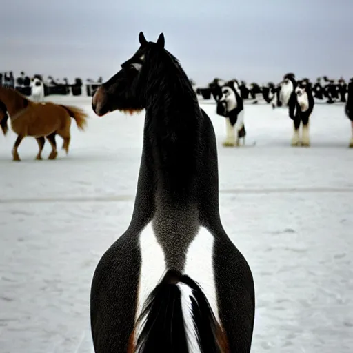 Image similar to horse, clydesdale horse, the penguin is riding on the horse's back