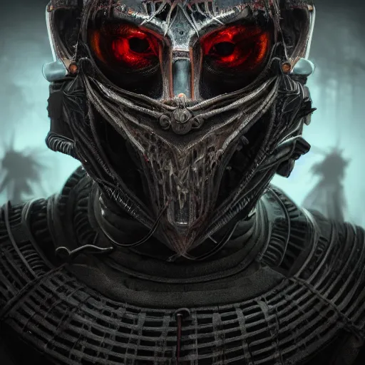 Image similar to Very very very very highly detailed epic central composition photo of demonic face with hockey mask, intricate, dystopian, sci-fi, extremely detailed, digital painting, artstation, concept art, smooth, sharp focus, illustration, intimidating lighting, incredible art, Octane render in Maya and Houdini