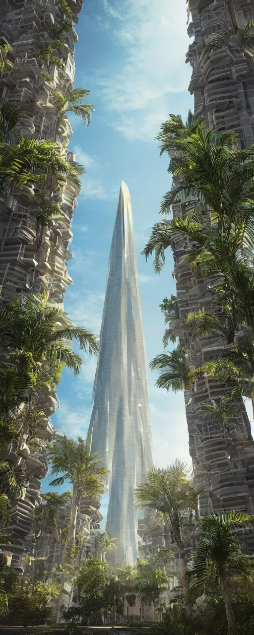 Image similar to photorealistic photo a contemporary babylon tower, golden details, stone facade, sacred geometry architecture, cascading highrise, arid mountains with lush palm forest, sunlight, post - production, octane, cgi, sfx