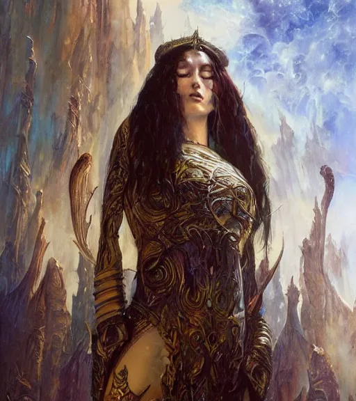 Prompt: a detailed painting of a fantasy priestess, art by karol bak and mark brooks and greg rutkowski, centered