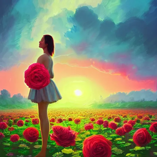 Image similar to giant rose flower head, full body girl standing in a flower field, surreal photography, sunrise, dramatic light, impressionist painting, colorful clouds, digital painting, artstation, simon stalenhag