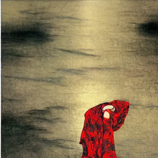 Image similar to an ominous object floats in an empty room, a highly detailed yoshitaka amano painting, by adrian ghenie and gerhard richter. art by takato yamamoto. masterpiece, deep colours.