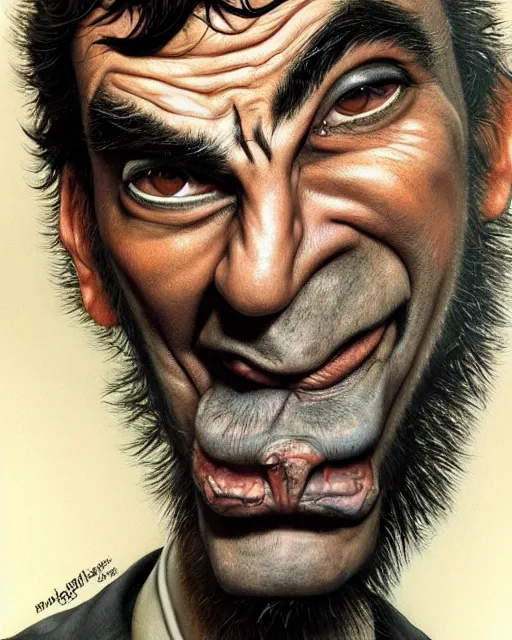 Image similar to portrait of mr bean, gritty, dark, wearing a leather jacket very detailed eyes, hyperrealistic, very detailed painting by Glenn Fabry, by Joao Ruas, by Artgerm