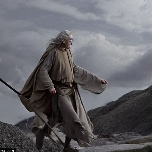 Prompt: 'Farewell!' he said to Gandalf. 'I go to find the Sun!' Then swift as a runner over firm sand he shot away, and quickly overtaking the toiling men, with a wave of his hand he passed them, and sped into the distance, and vanished round the rocky turn.”