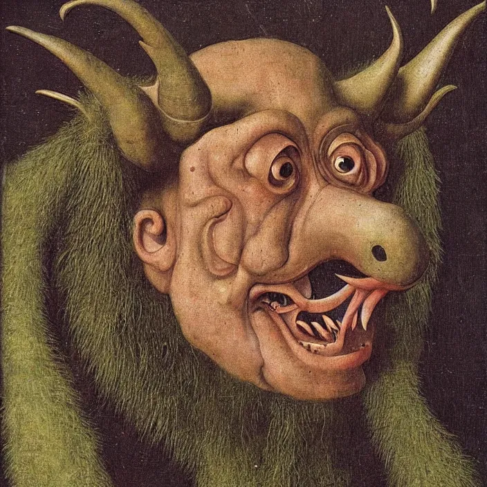 Image similar to close up portrait of an overdressed mutant monster creature with snout, horns, insect wings, unibrow, piercing eyes, toxic smile. jan van eyck, bosch