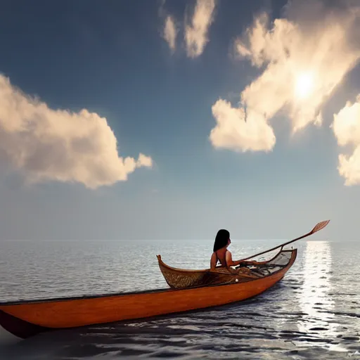 Prompt: beautiful Arabian girl rowing a boat in the middle of sea, dreamy fluffy clouds, 4k, fully detailed