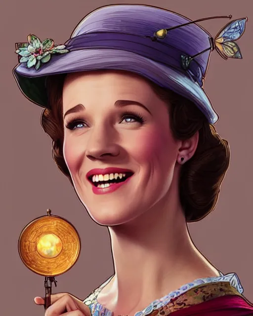 Prompt: Julie Andrews Mary Poppins from Disney 1964 smiling and looking to the side, D&D, fantasy, intricate, elegant, highly detailed, digital painting, artstation, concept art, matte, sharp focus, illustration, hearthstone, art by Artgerm and Greg Rutkowski and Alphonse Mucha