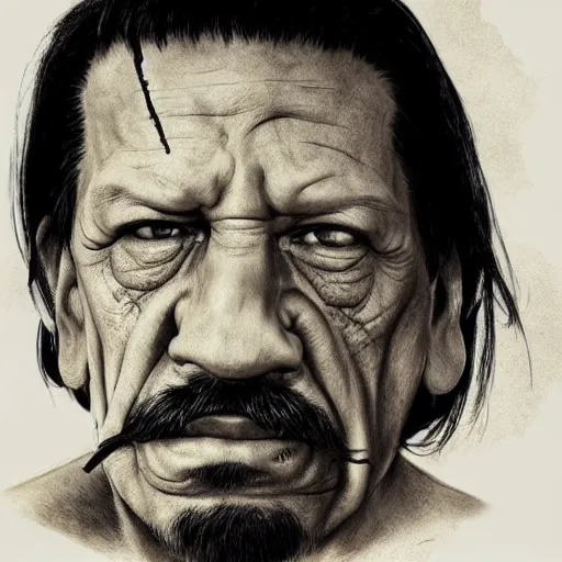 Image similar to danny trejo having staring contest with bear, photorealistic, concept, artstation