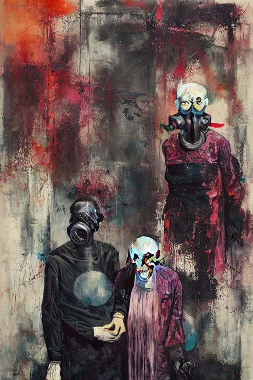 Image similar to two skinny old people wearing gas masks inside a brutalist designed space ship , gothic, rich deep colours, painted by Francis bacon, Adrian ghenie, James jean and Petra cortright, part by Gerhard Richter, part by Takato Yamamoto. 8k masterpiece