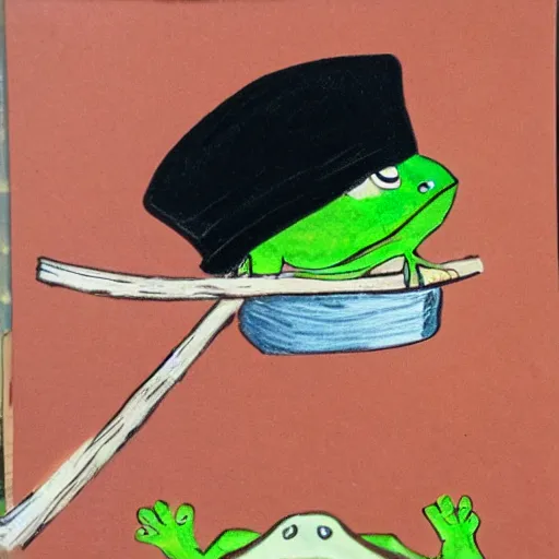 Prompt: frog in a hat, with stick