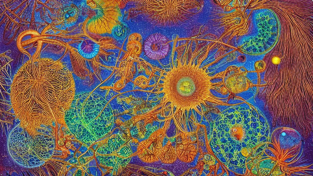 Image similar to quantum connections represented as symbiotic organisms like cells playing around with colorful lights by ernst haeckel