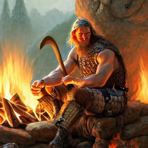 Image similar to Rugged male Viking warrior relaxing by the fire, relaxed, D&D, muscular, upper body, fantasy, intricate, elegant, highly detailed, digital painting, artstation, concept art, smooth, sharp focus, illustration, art by artgerm and greg rutkowski and alphonse mucha